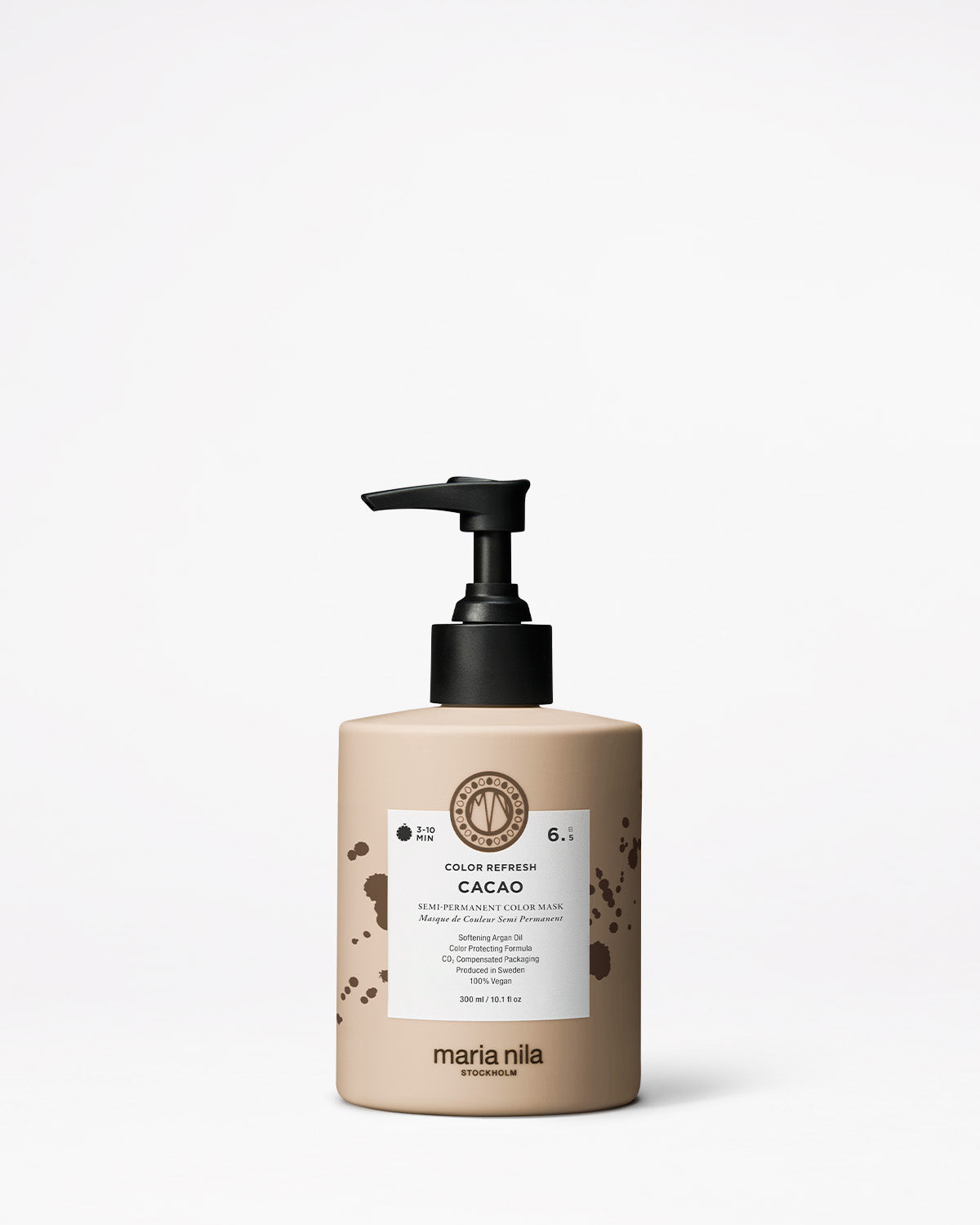 Beige bottle with black pump labeled 'maria nila' on a white background