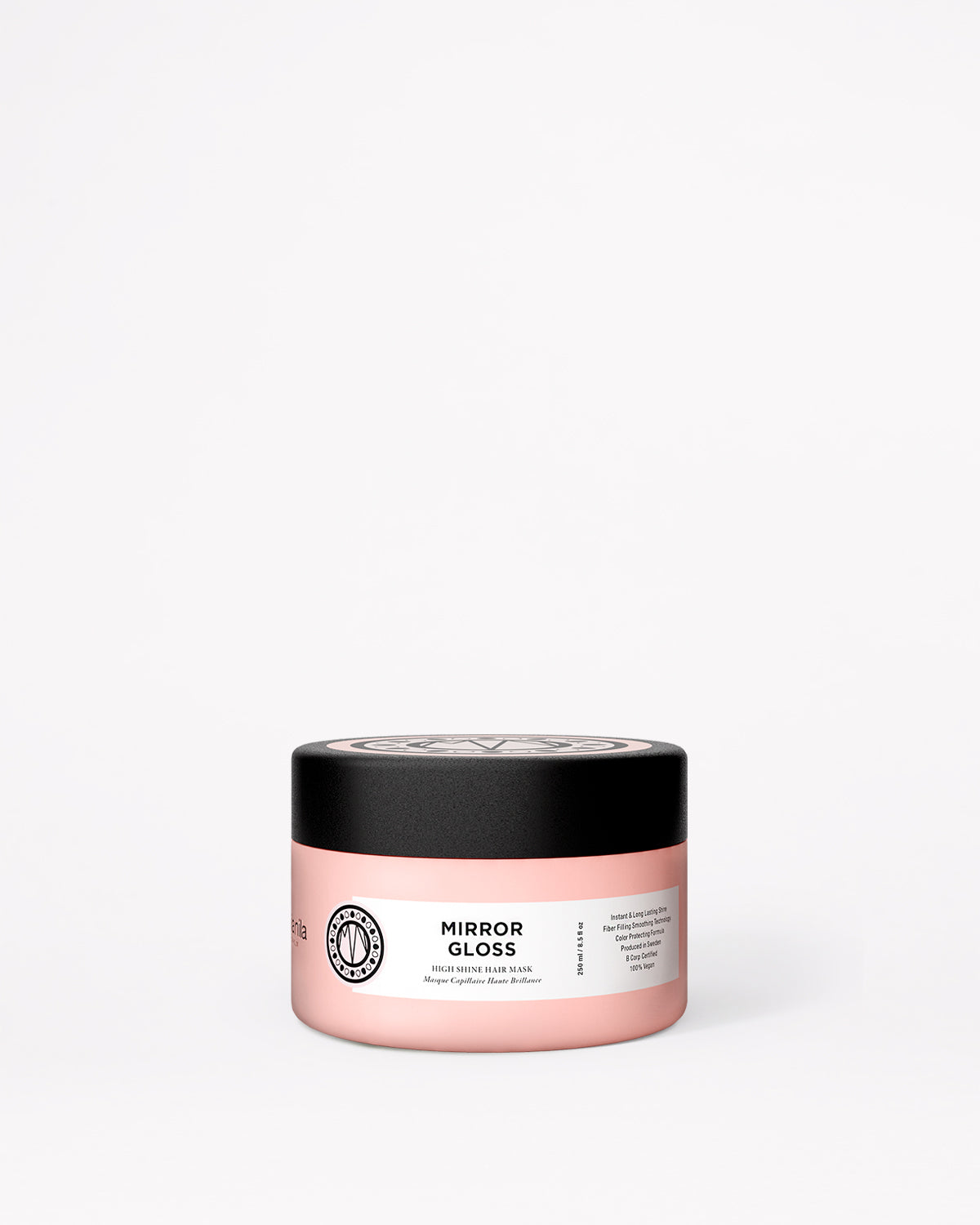 A pink jar of Mirror Gloss hair mask with a black lid, set against a plain white background.