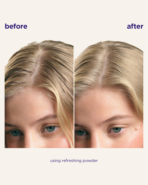 Before and after comparison of a woman's hair part, showing a split with the text 'before', 'after', and 'using refreshing powder' on a light beige background.