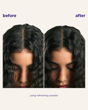 Before and after comparison of a woman's hair with the text 'before', 'after', and 'using refreshing powder' on a light beige background.