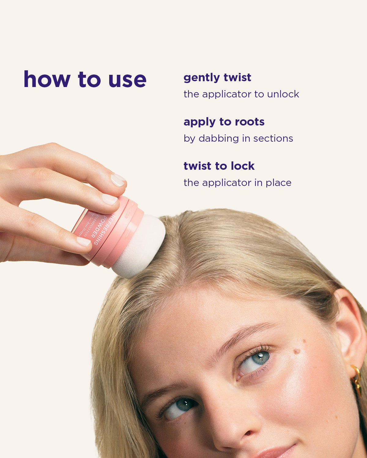 A close-up instructional graphic showing a woman applying refreshing Powder to her hair, with text on the left reading 'how to use' and instructions on the right.