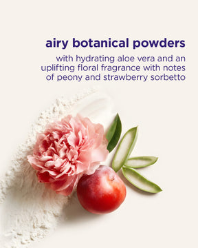Text reading 'airy botanical powders' with a pink peony flower, a red fruit, green aloe vera slices, and white powder on a light cream background.