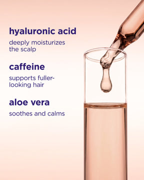 A cosmetic dropper pouring a pale pink liquid into a clear test tube on a soft peach background, with text listing benefits: hyaluronic acid moisturizes the scalp, caffeine supports fuller-looking hair, and aloe vera soothes and calms.