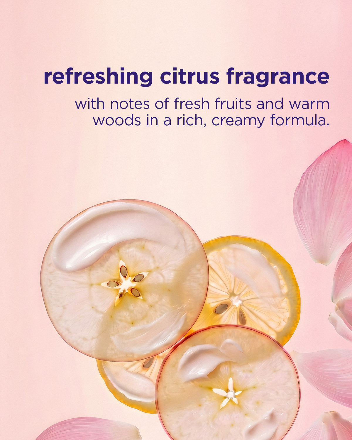 Product with lemon slices and text about refreshing citrus fragrance on a pink background