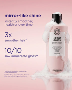 Maria Nila Mirror Gloss shampoo bottle with text on a pink background