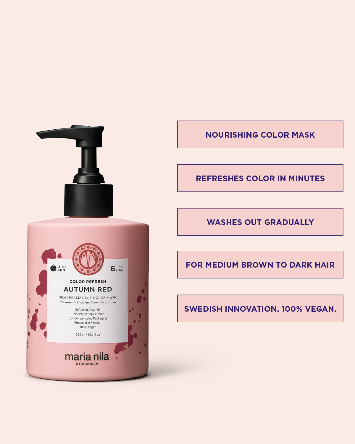 Pink hair mask bottle with pump and product details on a light pink background
